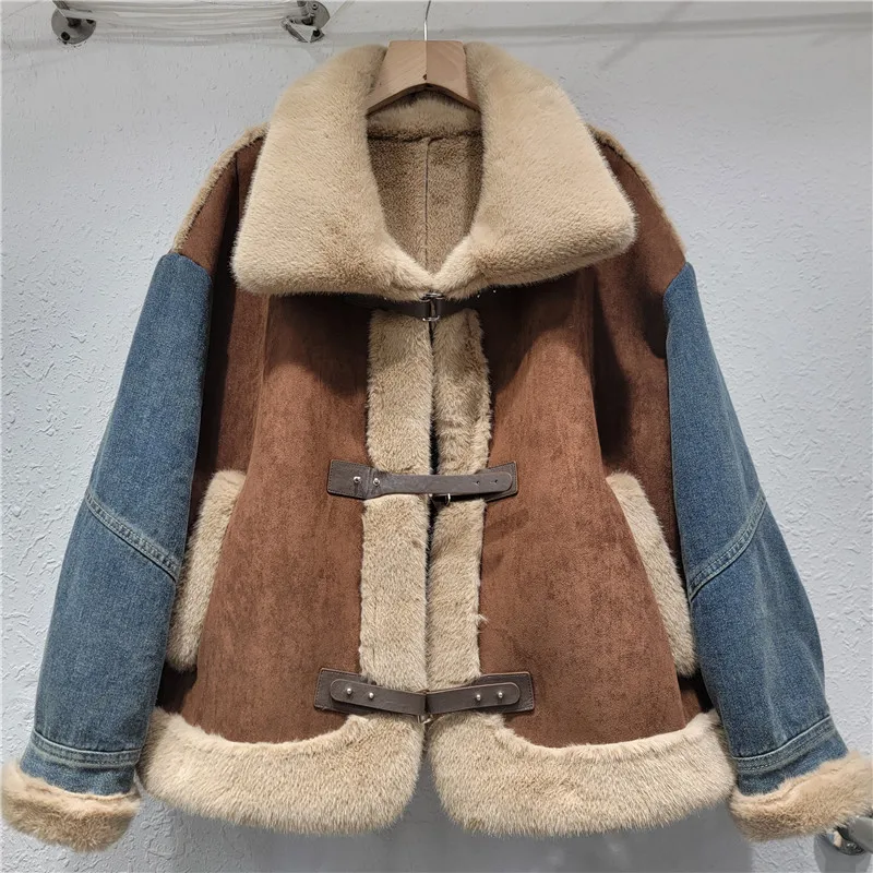 Denim Coats Women Spliced Shearling Jacket Color Blocked Pocket Long Sleeve Turn Down Collar Thick Loose Fit Casual 2025 Winter
Denim Coats Women Spliced Shearling Jacket Color Blocked Pocket Long Sleeve Turn Down Collar Thick Loose Fit Casual 2025 Winter