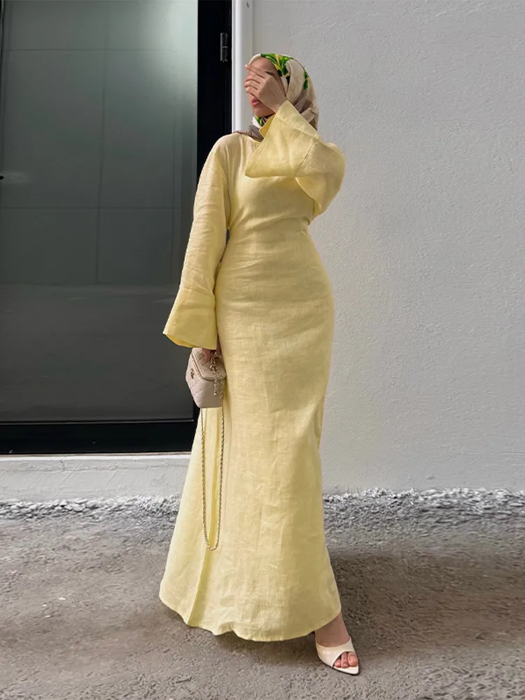 Solid Women' Dresses Cotton Lined Elegant O-neck Flare Sleeve Back Lace Up Waist Cinching Maxi Dress Female Summer Lady Robes
Solid Women' Dresses Cotton Lined Elegant O-neck Flare Sleeve Back Lace Up Waist Cinching Maxi Dress Female Summer Lady Robes