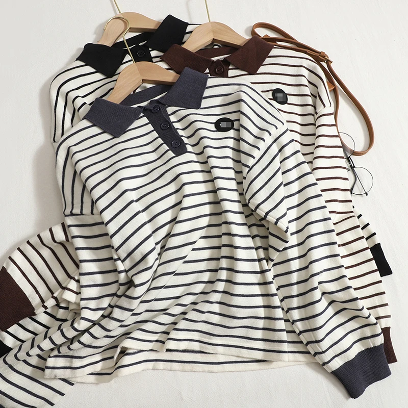 Retro Lapel Casual Color Contrast Striped Knitted Bottoming Shirt Long-Sleeved Outer Tops Women's Autumn New Tops
Retro Lapel Casual Color Contrast Striped Knitted Bottoming Shirt Long-Sleeved Outer Tops Women's Autumn New Tops