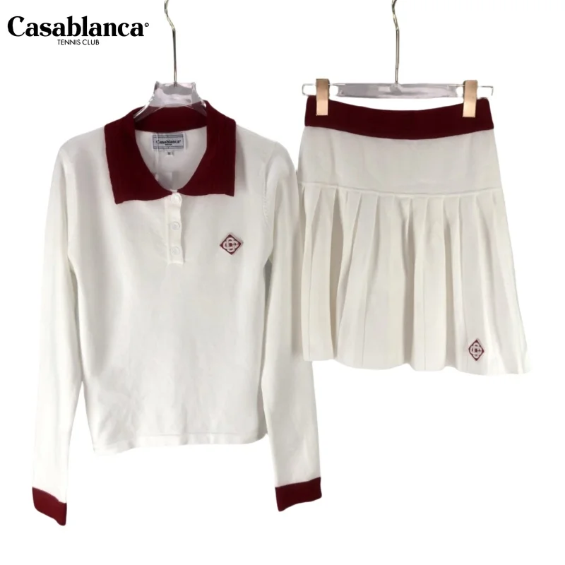 CASABLANCA Retro Style Color Matching Strips Women Knitted Wool Sweater Short Sleeves High Waist Skirt 2 Piece Set Polo Neck
CASABLANCA Retro Style Color Matching Strips Women Knitted Wool Sweater Short Sleeves High Waist Skirt 2 Piece Set Polo Neck
