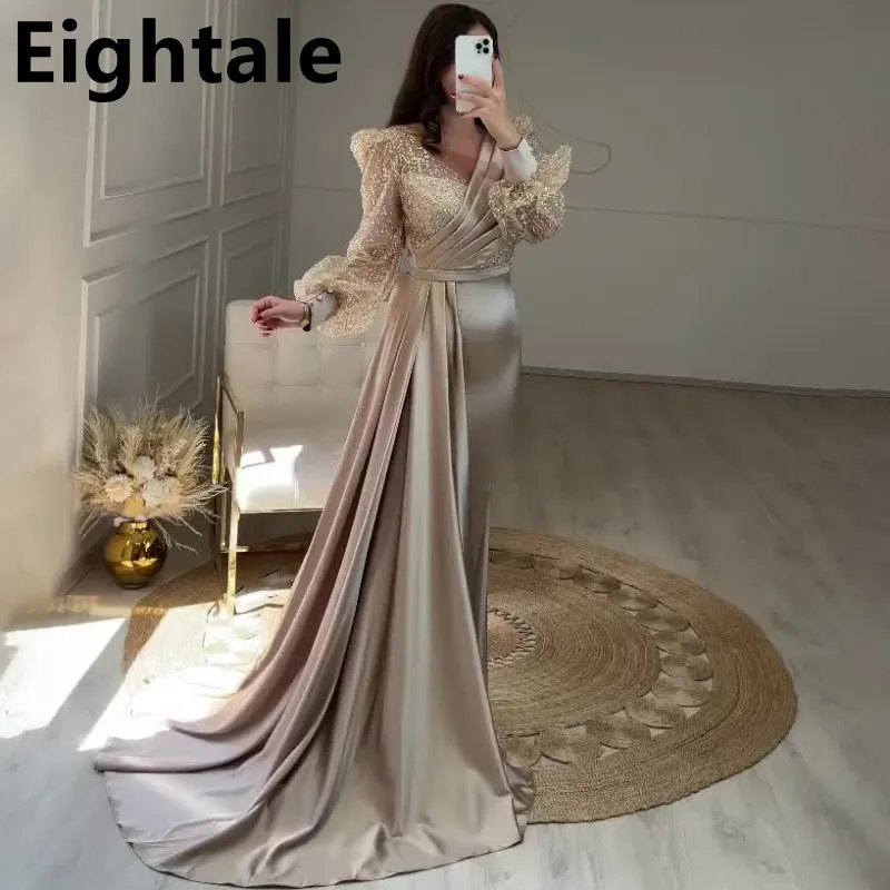 Customized Champagne Evening Dress for Wedding Party V Neck Glitter Long Puffy Sleeves Mermaid Satin Arabic Celebrity Prom Gown
Customized Champagne Evening Dress for Wedding Party V Neck Glitter Long Puffy Sleeves Mermaid Satin Arabic Celebrity Prom Gown