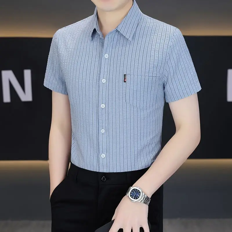 Mens Short Sleeve Striped Turn Down Collar Business Casual Shirt
Mens Short Sleeve Striped Turn Down Collar Business Casual Shirt