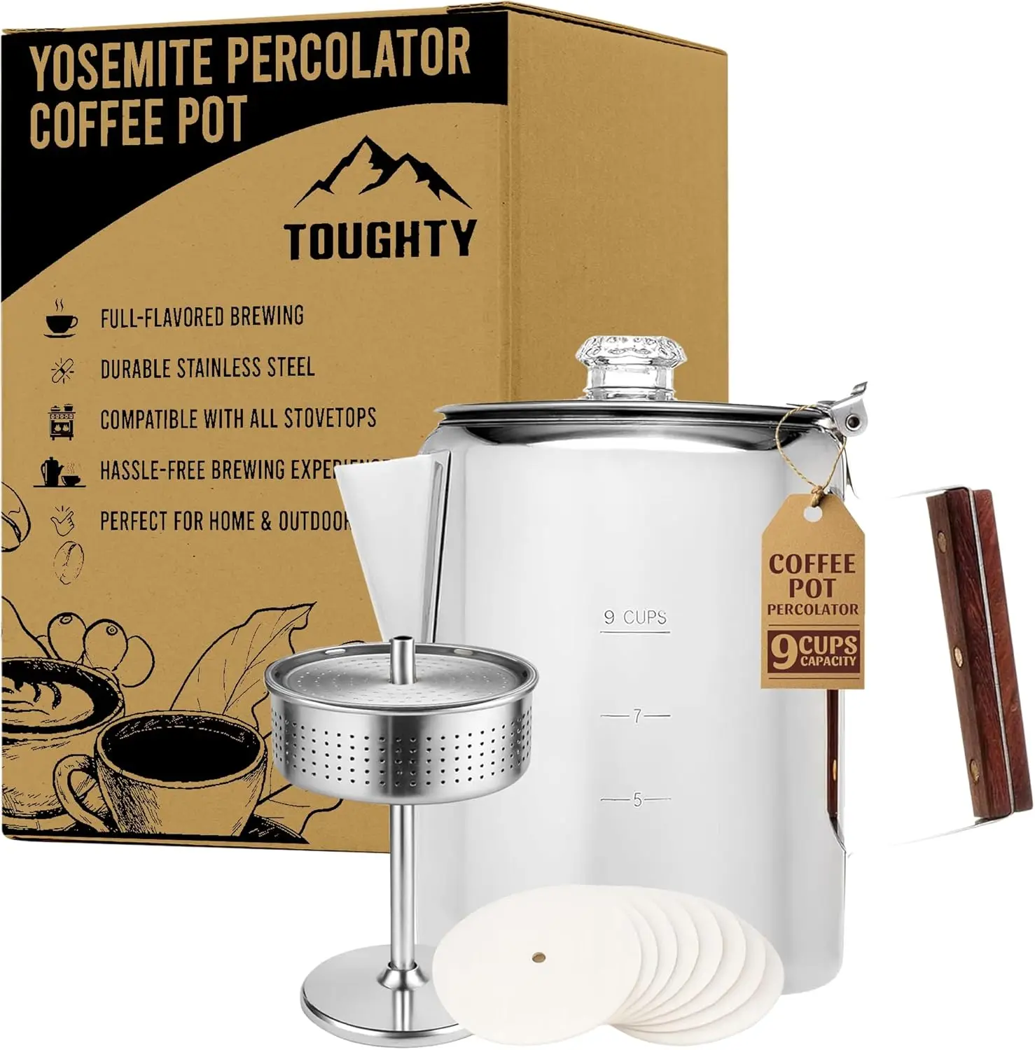Stainless Steel Stovetop Percolator Coffee Pot for Camping, Hiking & Home, 9-Cup Classic Coffee Maker with Glass View Knob
Stainless Steel Stovetop Percolator Coffee Pot for Camping, Hiking & Home, 9-Cup Classic Coffee Maker with Glass View Knob