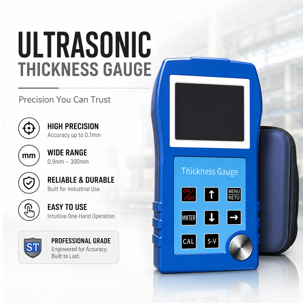 Professional Ultrasonic Coating Thickness Gauge 0.9-300mm 0.1mm Accuracy Color Display Portable Tester with Data Storage
Professional Ultrasonic Coating Thickness Gauge 0.9-300mm 0.1mm Accuracy Color Display Portable Tester with Data Storage