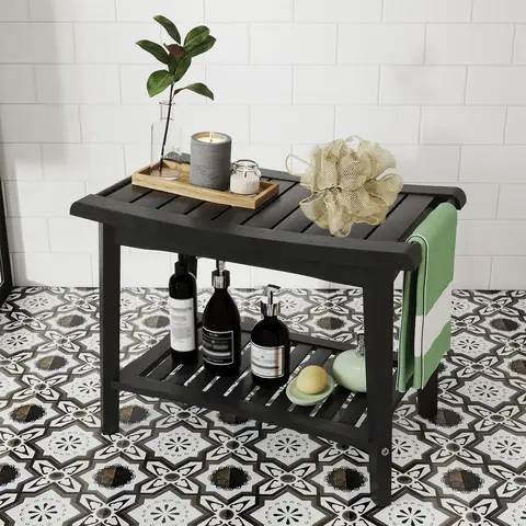Panca da doccia Sgabello da doccia ergonomico impermeabile in legno con ripiano portaoggetti per bagno Spa Sedia da doccia in legno Sedile da bagno in legno