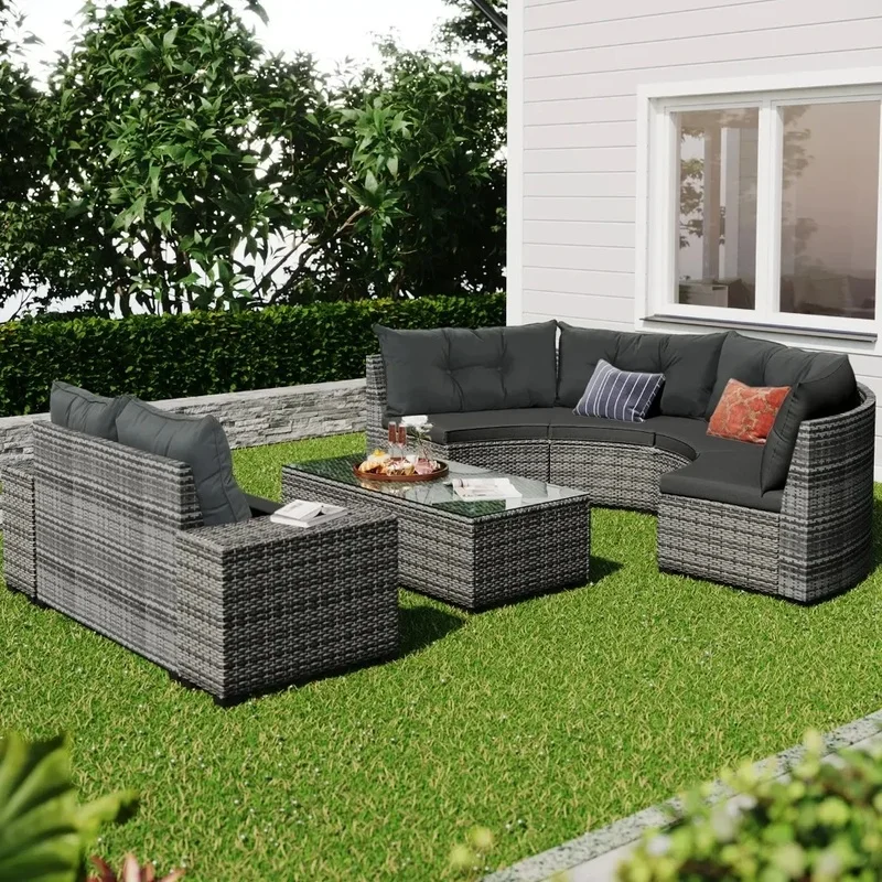 All-weather Outdoor Rattan Round Sofa Set, Half-moon Shaped Modular Curved PE Woven Waterproof Furniture
All-weather Outdoor Rattan Round Sofa Set, Half-moon Shaped Modular Curved PE Woven Waterproof Furniture