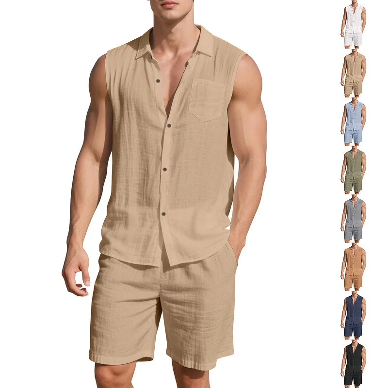 Casual Linen Men's Set Thin Sleeveless Collared Shirt And Shorts Summer Outfit Lightweight Breathable Comfortable Male Ensemble
Casual Linen Men's Set Thin Sleeveless Collared Shirt And Shorts Summer Outfit Lightweight Breathable Comfortable Male Ensemble
