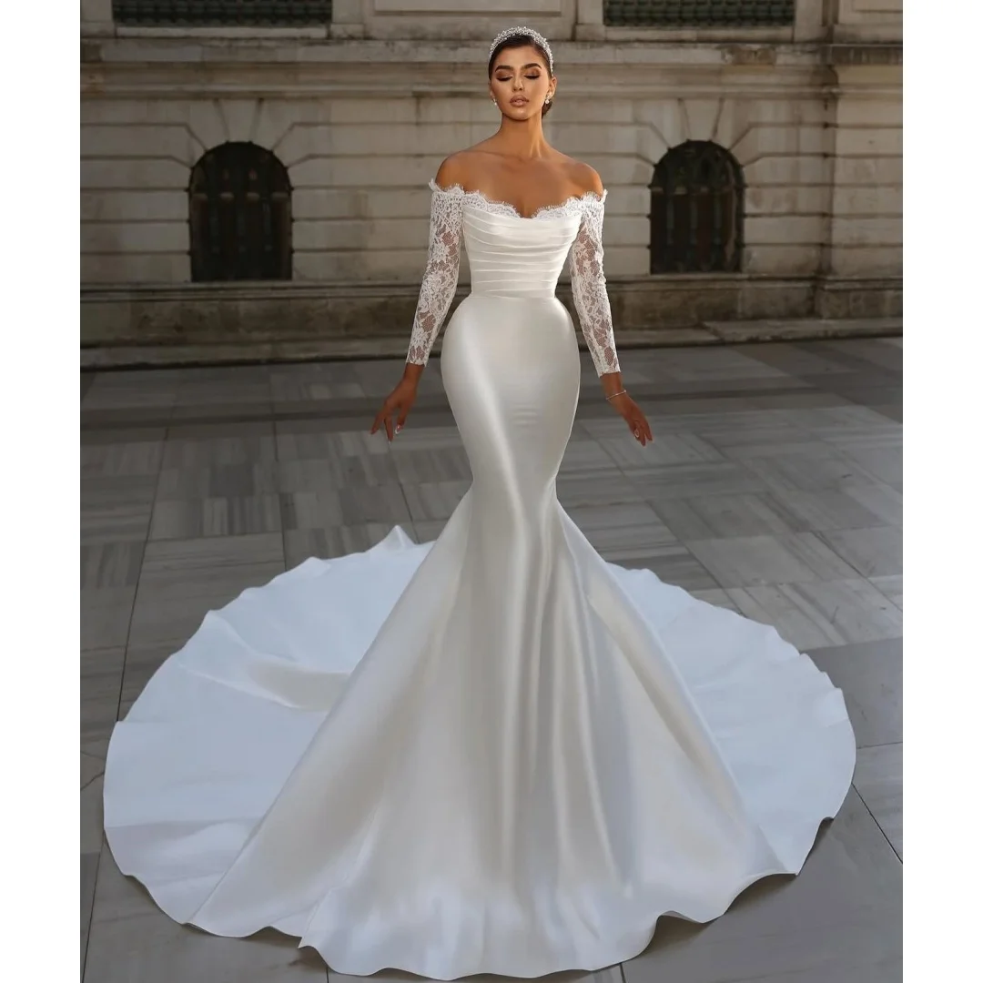 White Satin Trumpet Wedding Dresses Long Sleeves Vestido de Novia Off Shoulder Second Reception Gown Customized Robe De Soirée
White Satin Trumpet Wedding Dresses Long Sleeves Vestido de Novia Off Shoulder Second Reception Gown Customized Robe De Soirée
