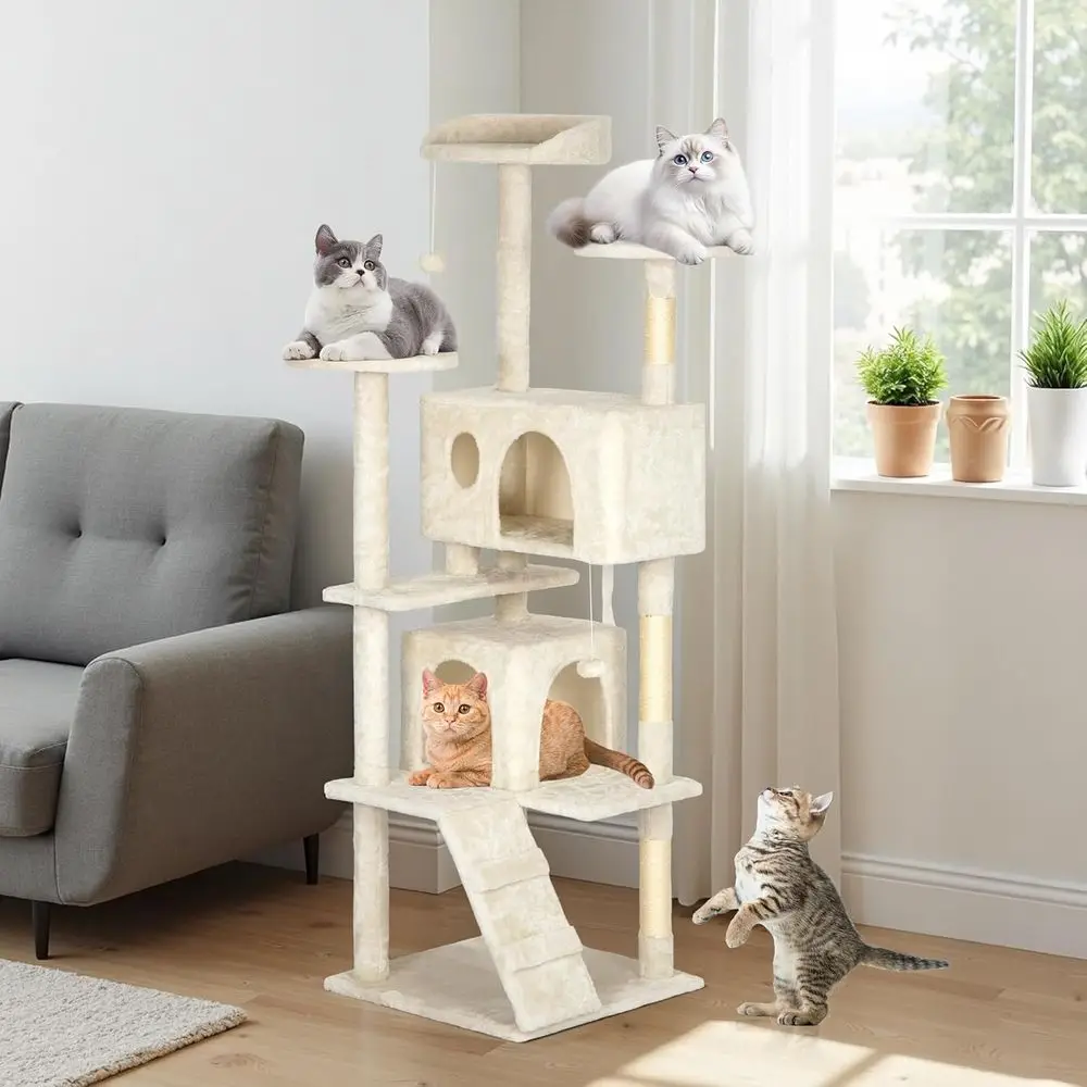 62 Beige Multi-Level Cat Tower with Scratching Post, Activity Center, and Plush Toys for Kittens
62 Beige Multi-Level Cat Tower with Scratching Post, Activity Center, and Plush Toys for Kittens