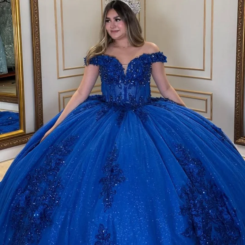 Shiny royal blue Quinceanera Dress Lace off-shoulder crystal glitter flower decal Long tail Tull Bow vestidos de 15 Quinceanera
Shiny royal blue Quinceanera Dress Lace off-shoulder crystal glitter flower decal Long tail Tull Bow vestidos de 15 Quinceanera
