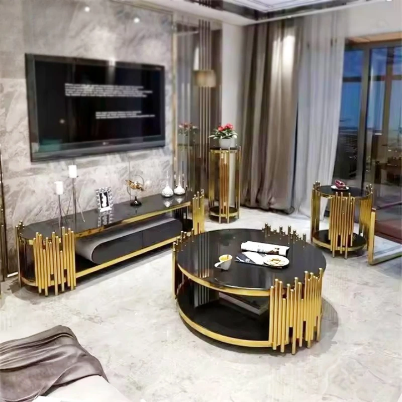 Stainless steel combination TV cabinet, coffee table, round corner, glass surface
Stainless steel combination TV cabinet, coffee table, round corner, glass surface