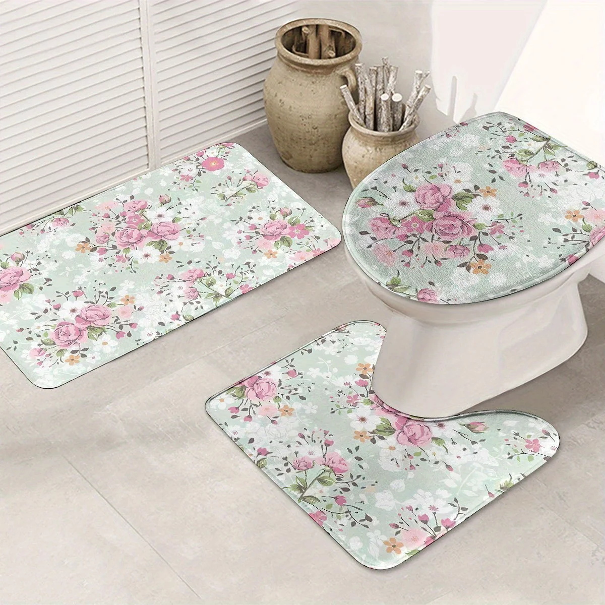 Набор для ванной комнаты Romantic Rose из 3 предметов, полиэфирная ткань, можно стирать в машине, U-образный коврик, коврик для ванной, чехол на сиденье унитаза 
Набор для ванной комнаты Romantic Rose из 3 предметов, полиэфирная ткань, можно стирать в машине, U-образный коврик, коврик для ванной, чехол на сиденье унитаза