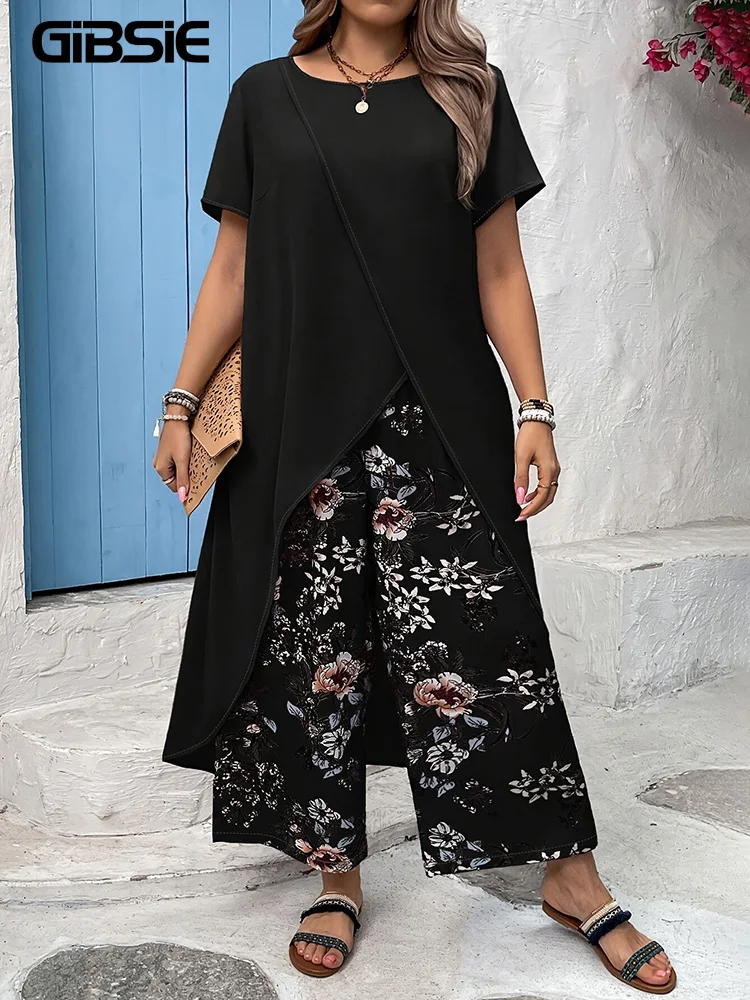 GIBSIE Plus Size Holiday Women Two Piece Set Solid O-Neck Asymmetrical Long Top Summer Elastic Waist Floral Print Wide Leg Pants
GIBSIE Plus Size Holiday Women Two Piece Set Solid O-Neck Asymmetrical Long Top Summer Elastic Waist Floral Print Wide Leg Pants