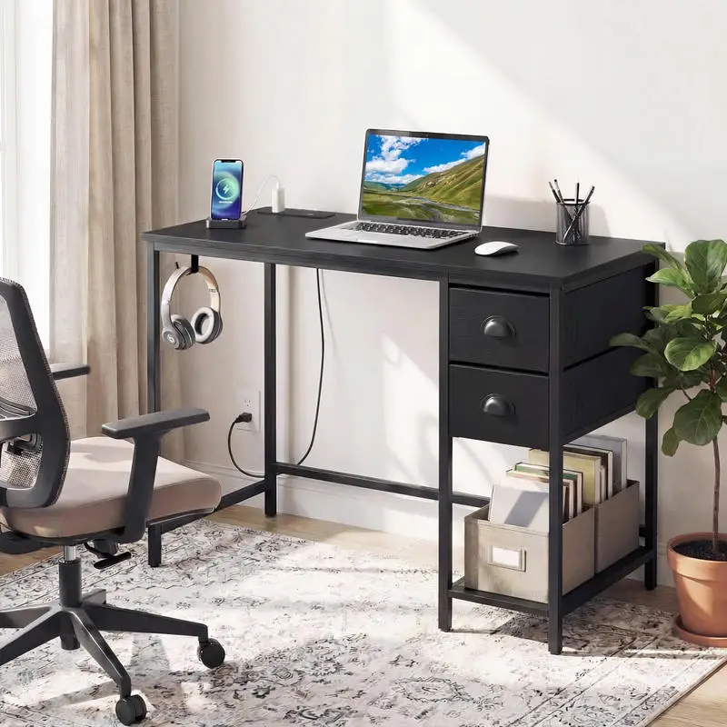 Computer Desk with Charging Station and 2 Fabric Drawers for Small Spaces-Black
Computer Desk with Charging Station and 2 Fabric Drawers for Small Spaces-Black