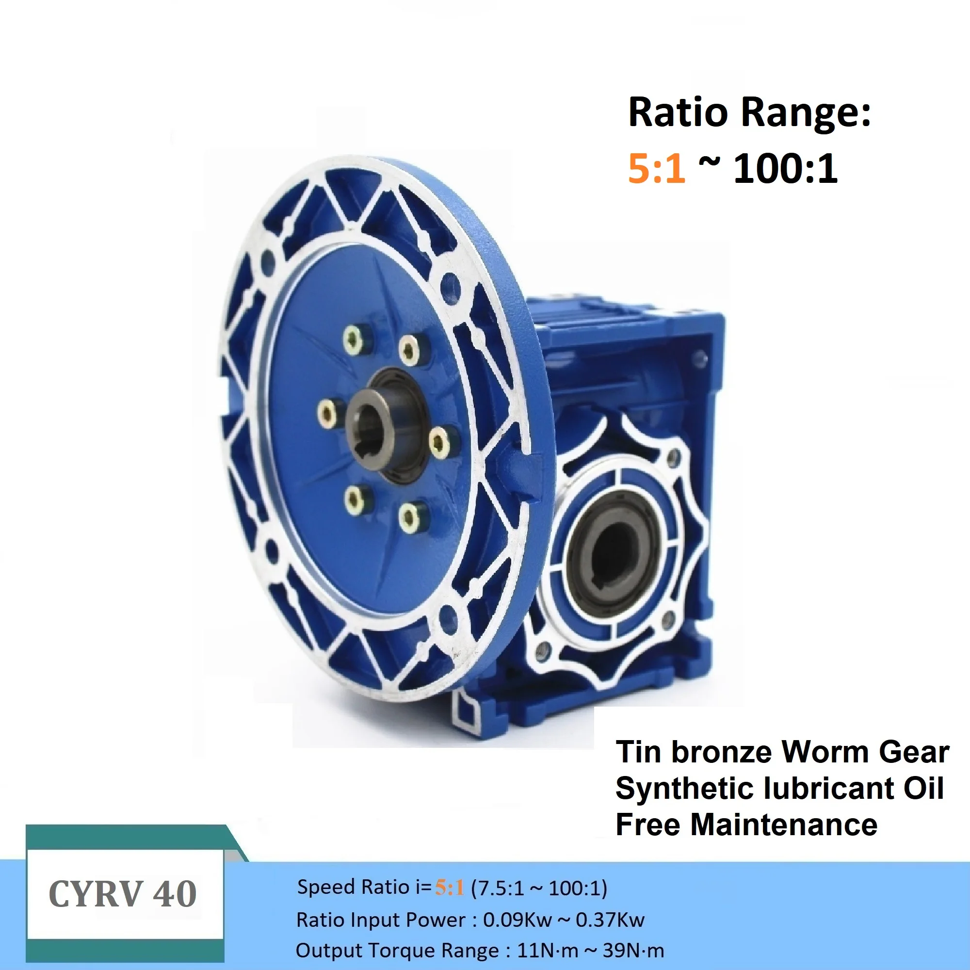 Worm Gearbox NMRV40 CYRV40 Input 9/11/14mm Output 18mm Ratio 5:1/100:1 Free Maintenance for motor 0.09kw to 0.37kw
Worm Gearbox NMRV40 CYRV40 Input 9/11/14mm Output 18mm Ratio 5:1/100:1 Free Maintenance for motor 0.09kw to 0.37kw