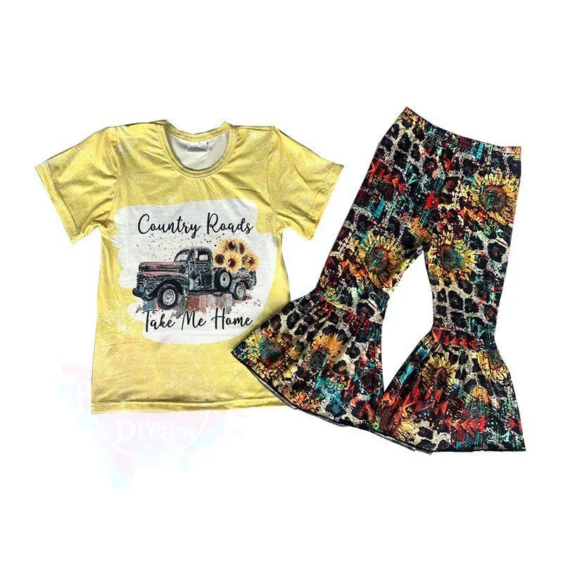 Girls' suit short sleeve top 2 pieces of sunflower pattern long trousers flared pants set
Girls' suit short sleeve top 2 pieces of sunflower pattern long trousers flared pants set