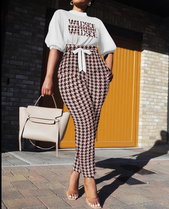 Женский офисный комплект из рубашки и брюк, Повседневная Блузка с коротким рукавом и принтом, брюки на шнуровке, комплект из двух предметов, топ для весны и осени, 2023 
Женский офисный комплект из рубашки и брюк, Повседневная Блузка с коротким рукавом и принтом, брюки на шнуровке, комплект из двух предметов, топ для весны и осени, 2023