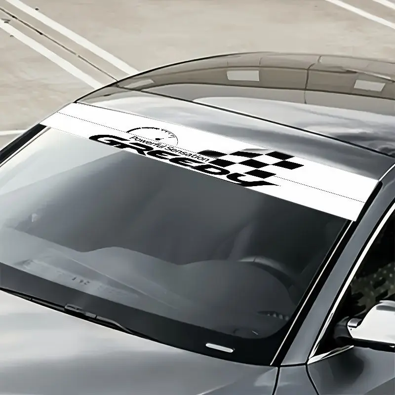 A stylish black-and-white front windshield sticker showcasing a dynamic speedometer and fluttering checkered flag design
A stylish black-and-white front windshield sticker showcasing a dynamic speedometer and fluttering checkered flag design