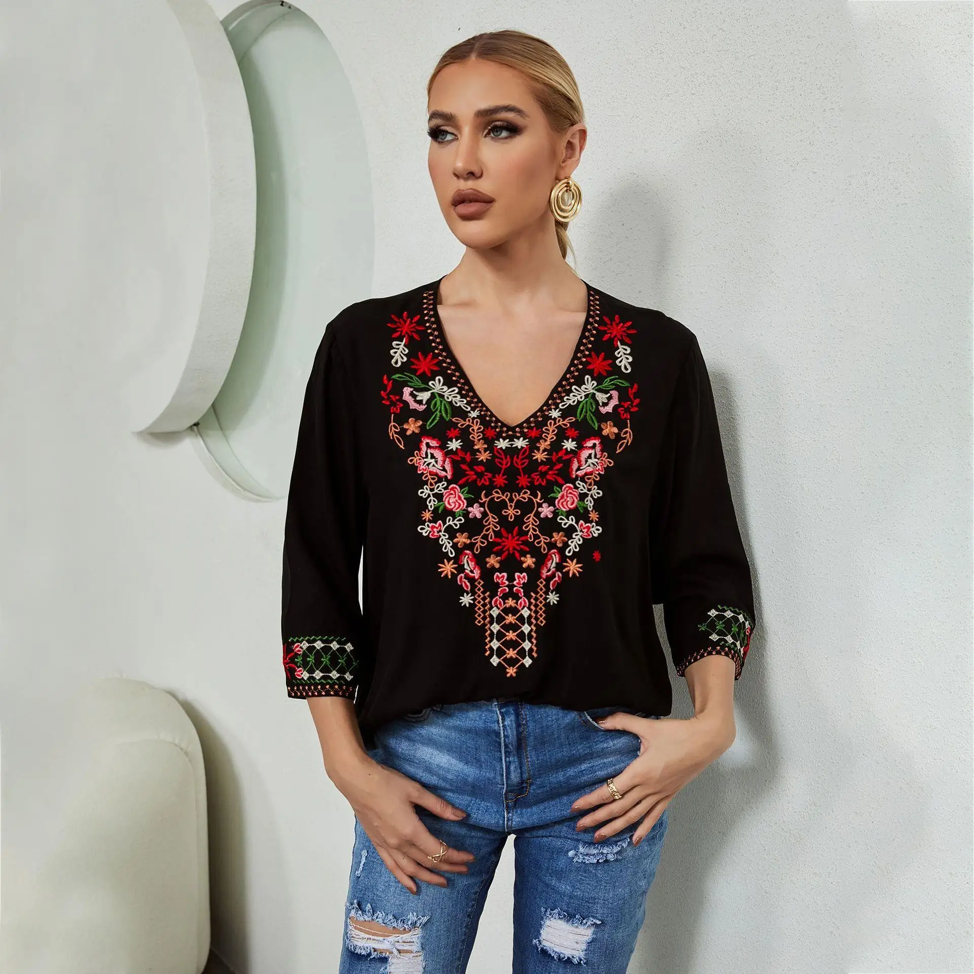 Women's Embroidered Top Commute Style Shirt Seven Sleeve Pure Color Non-Shrinking Fabric Female Gender Embroidery Design
Women's Embroidered Top Commute Style Shirt Seven Sleeve Pure Color Non-Shrinking Fabric Female Gender Embroidery Design