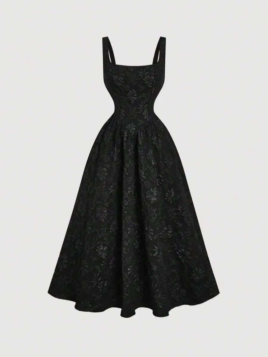 Black Vintage Jacquard A-Line Dress With Floral Pattern Sleeveless Square Neck
Black Vintage Jacquard A-Line Dress With Floral Pattern Sleeveless Square Neck