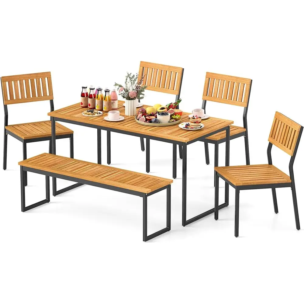6-Piece Acacia Wood Patio Dining Set with Bench and Umbrella Hole for Outdoor, Garden, Poolside, Backyard
6-Piece Acacia Wood Patio Dining Set with Bench and Umbrella Hole for Outdoor, Garden, Poolside, Backyard