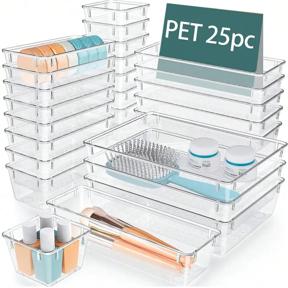 25 Piece PET Transparent Plastic Drawer Storage Box Set With Built-In Compartments, Used For Cabinets, Cosmetics And Tableware Storage Boxes, Household Room Supplies, And Office Supplies
25 Piece PET Transparent Plastic Drawer Storage Box Set With Built-In Compartments, Used For Cabinets, Cosmetics And Tableware Storage Boxes, Household Room Supplies, And Office Supplies