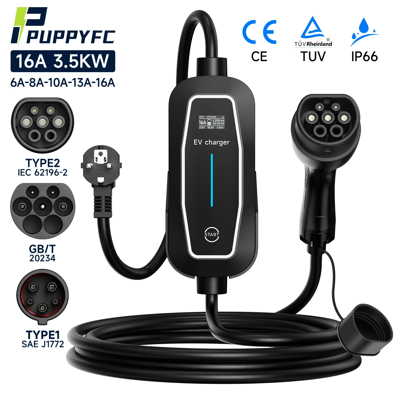 Puppyfc 16A 3.5KW Portable EV ChargerType2 Type1 GBT EVSEElectric Vehicle Charging Station IEC62196-2 for Home Car Wallbox
Puppyfc 16A 3.5KW Portable EV ChargerType2 Type1 GBT EVSEElectric Vehicle Charging Station IEC62196-2 for Home Car Wallbox