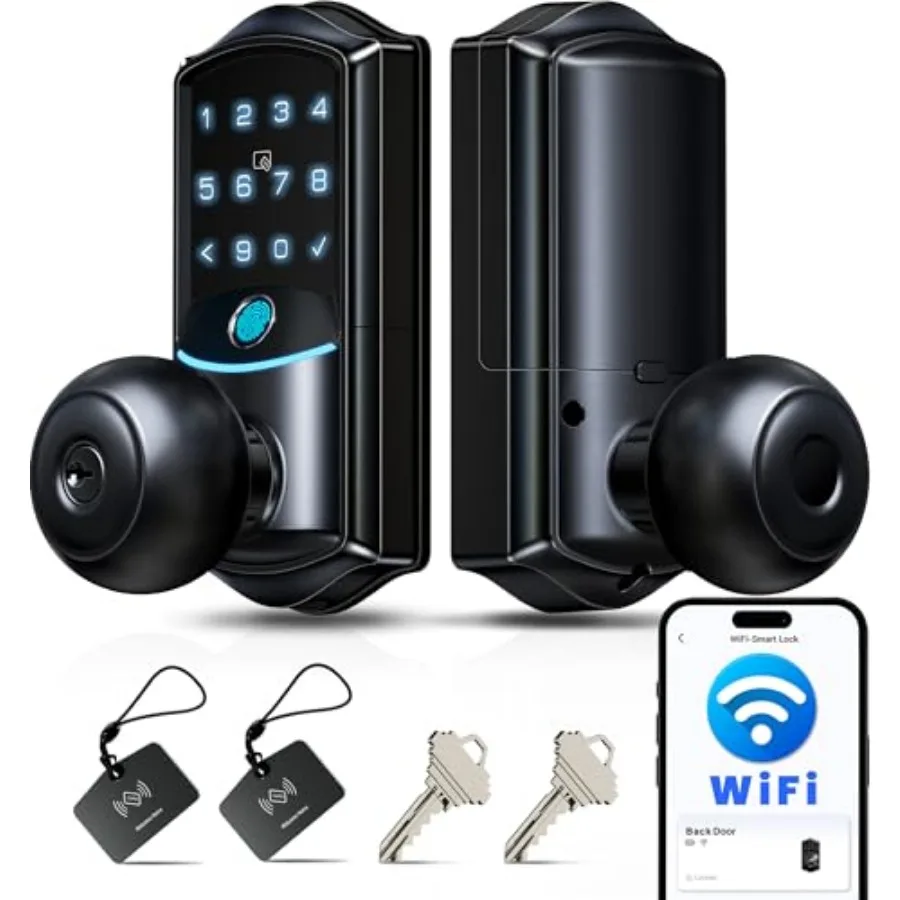 VE028 Built-in Wi-Fi Smart Lock with Knob, Fingerprint Keyless Entry with Handle, App Remote and Voice Control, Electronic Digi