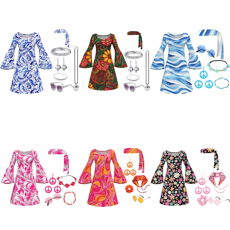 60s 70s Disco Dress 7 Piece Hippie Costume Women Printing Retro Style Clothes Accessories Jewelry Halloween Costumes
60s 70s Disco Dress 7 Piece Hippie Costume Women Printing Retro Style Clothes Accessories Jewelry Halloween Costumes