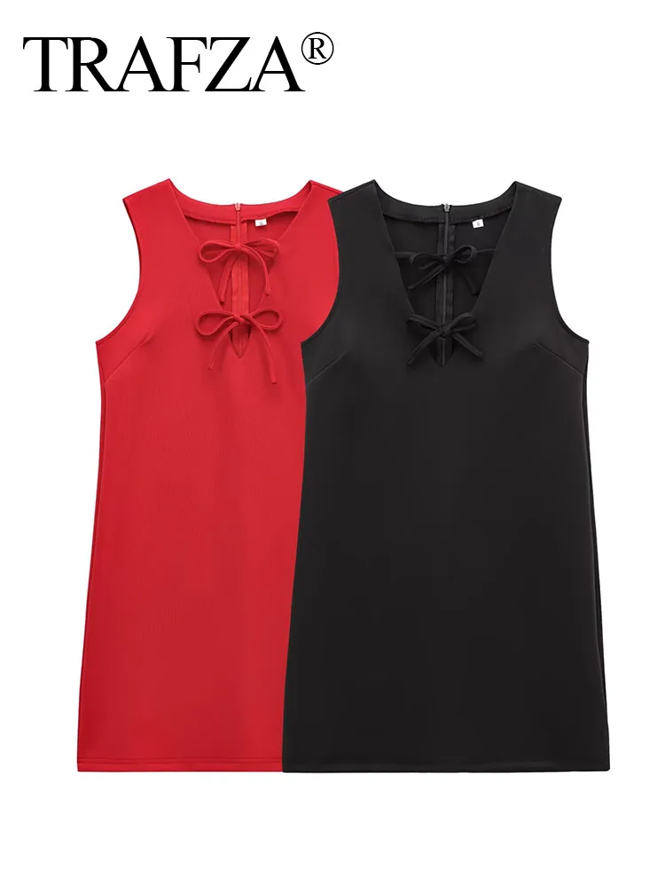 TRAFZA Women's Fashion Simple Solid Front Decorated Bow Zipper Dress Female Sexy Elegant V-Neck Sleeveless 2-Color Mini Dress
TRAFZA Women's Fashion Simple Solid Front Decorated Bow Zipper Dress Female Sexy Elegant V-Neck Sleeveless 2-Color Mini Dress