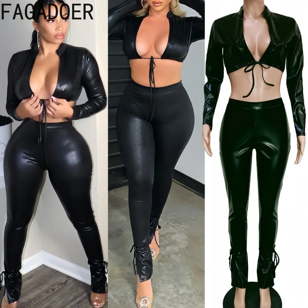 FAGADOER Fashion Leather Patchwork 2 Pieces Set for Woman Outfits Solid Long Sleeves Lace Up Crop Top + Pants Female Streetwear
FAGADOER Fashion Leather Patchwork 2 Pieces Set for Woman Outfits Solid Long Sleeves Lace Up Crop Top + Pants Female Streetwear
