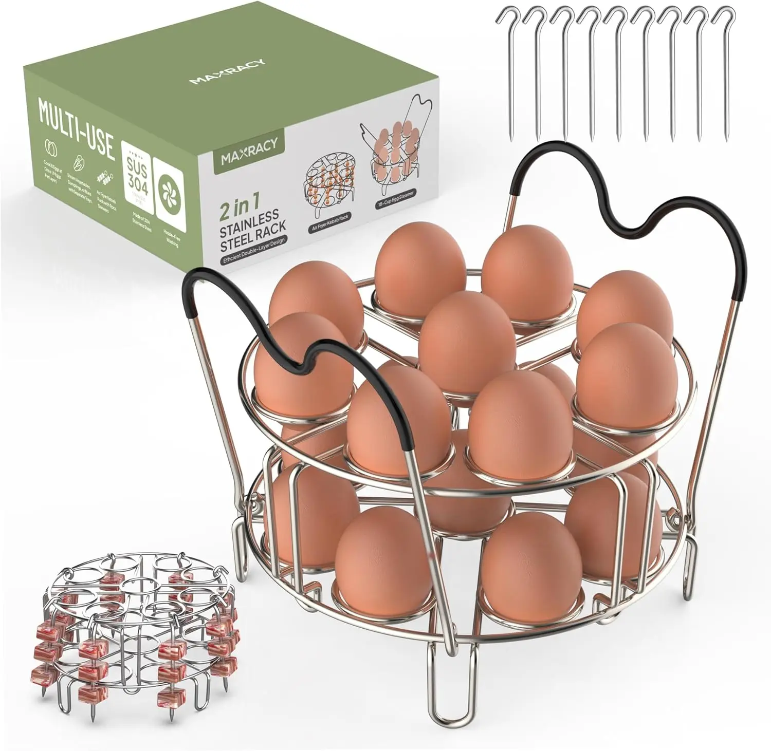 Stackable Egg Steamer Rack Holds 18 Eggs with Handles, Stainless Steel Trivet for 6qt/8qt Pressure Cooker, 2-in-1 with Skewers
Stackable Egg Steamer Rack Holds 18 Eggs with Handles, Stainless Steel Trivet for 6qt/8qt Pressure Cooker, 2-in-1 with Skewers