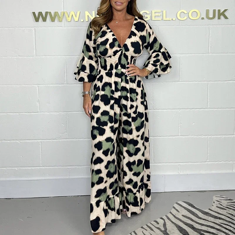 Fashion Leopard Print V-Neck Women Jumpsuits Spring High Waist Slim Straight Rompers Summer Flare Sleeve Wide Leg Pants Overalls
Fashion Leopard Print V-Neck Women Jumpsuits Spring High Waist Slim Straight Rompers Summer Flare Sleeve Wide Leg Pants Overalls