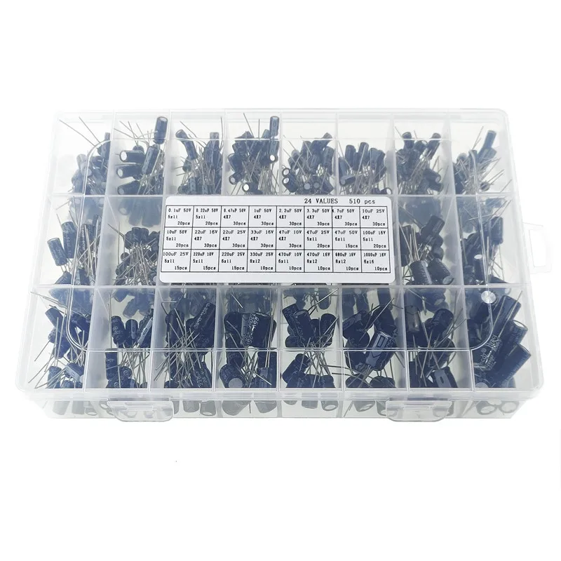 510Pcs/lot 0.1UF-1000UF 24Values Aluminum Electrolytic Capacitors 16-50V mix Electrolytic capacitor Assorted kit + box
510Pcs/lot 0.1UF-1000UF 24Values Aluminum Electrolytic Capacitors 16-50V mix Electrolytic capacitor Assorted kit + box