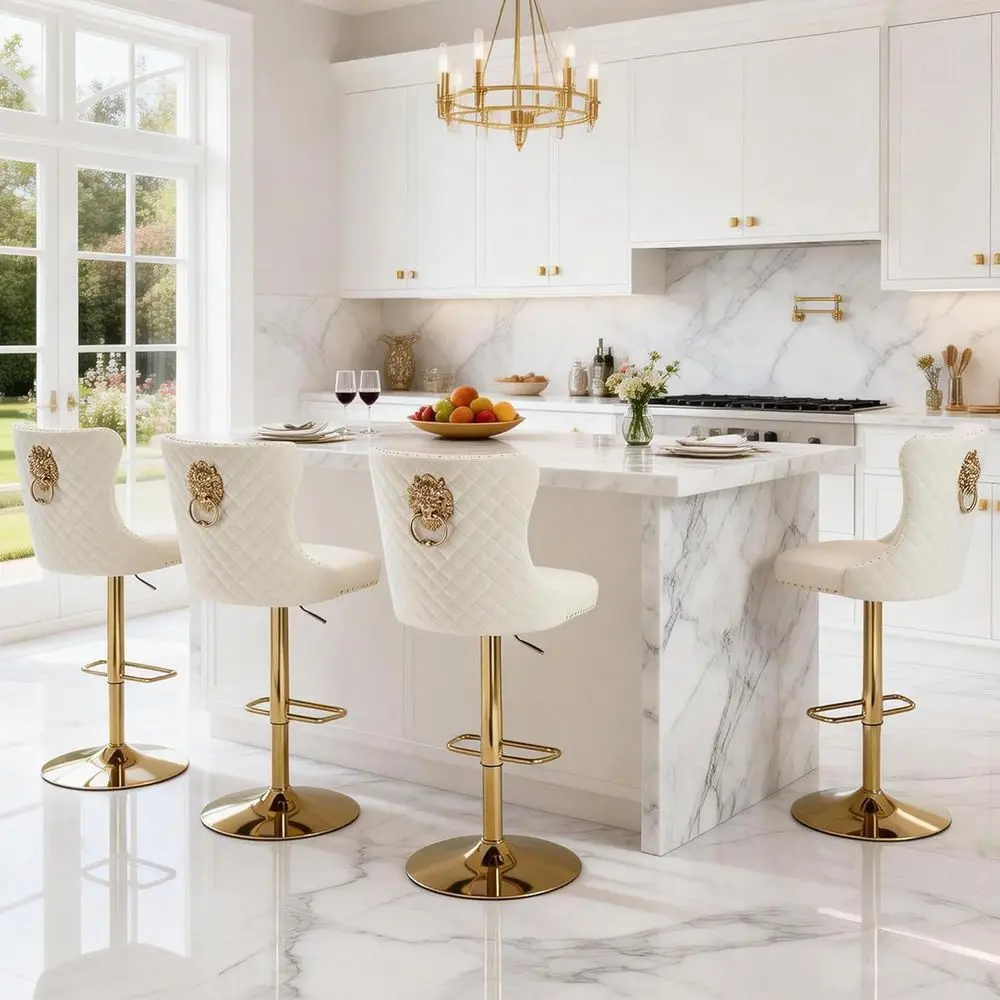 Set of 4 Velvet Swivel Bar Stools with Lion Ring Pull, Upholstered High Back, Cream
Set of 4 Velvet Swivel Bar Stools with Lion Ring Pull, Upholstered High Back, Cream
