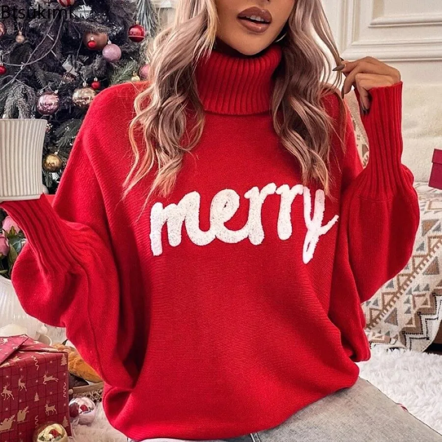 Рождественский свитер с высоким воротником, женский элегантный пуловер с длинными рукавами и буквенным принтом, женские модные осенне-зимние вязаные свитера 
Рождественский свитер с высоким воротником, женский элегантный пуловер с длинными рукавами и буквенным принтом, женские модные осенне-зимние вязаные свитера