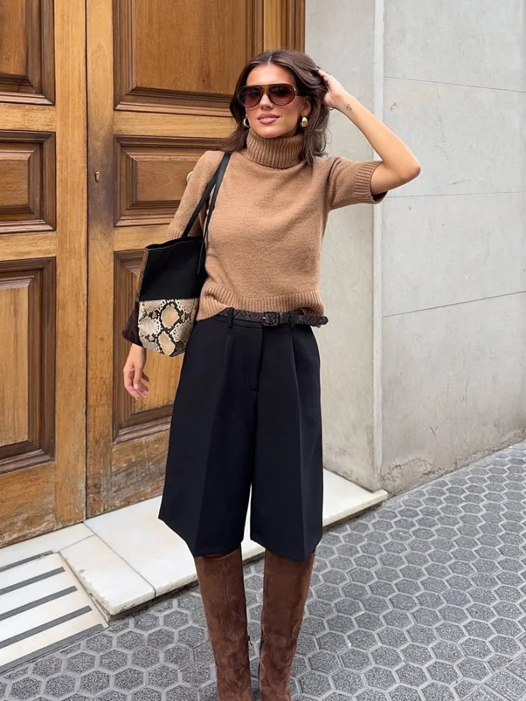 Chic Solid Brown Short Sleeve Sweater Women Chic High Collar Patchwork Loose Short Knitted Pullover Lady High Street Knitwear
Chic Solid Brown Short Sleeve Sweater Women Chic High Collar Patchwork Loose Short Knitted Pullover Lady High Street Knitwear