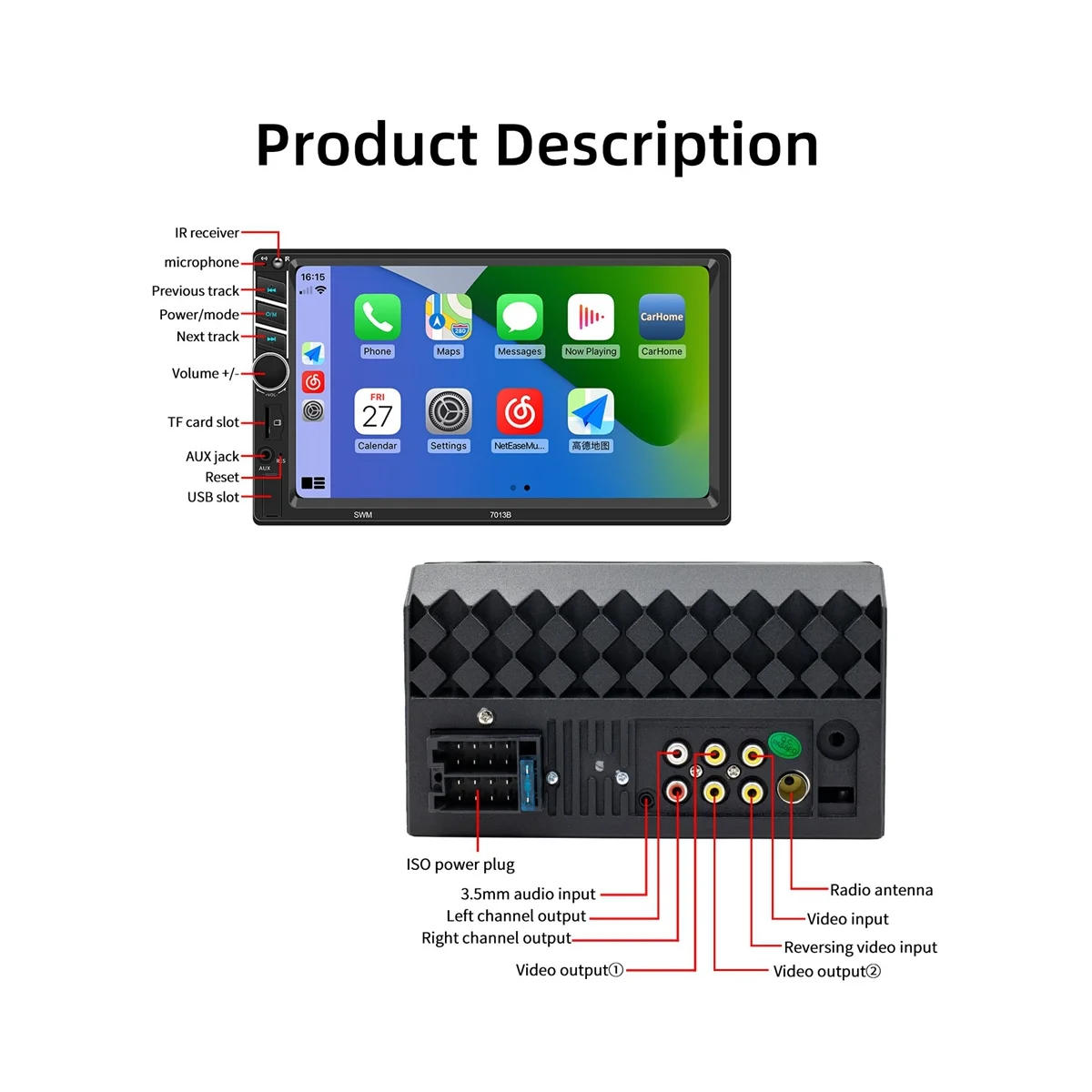 Universal 7Inch CarPlay Car Radio HD Multimedia Touchscreen MP5 Player Bluetooth USB FM Camera Mirror Link 7013B
Universal 7Inch CarPlay Car Radio HD Multimedia Touchscreen MP5 Player Bluetooth USB FM Camera Mirror Link 7013B