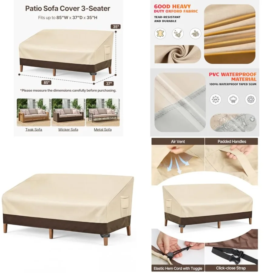 Heavy Duty Patio Sofa Cover, 100 Waterproof 3-Seater Outdoor Sofa Cover, Lawn Patio Furniture Covers with Air Vent and Handle,
Heavy Duty Patio Sofa Cover, 100 Waterproof 3-Seater Outdoor Sofa Cover, Lawn Patio Furniture Covers with Air Vent and Handle,