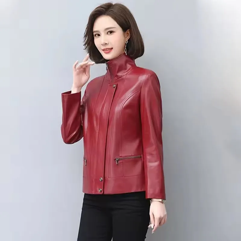 New Women Leather Jacket Autumn Winter Casual Fashion Stand Collar Cotton Lining Slim Short Sheepskin Coat Outerwear Female
New Women Leather Jacket Autumn Winter Casual Fashion Stand Collar Cotton Lining Slim Short Sheepskin Coat Outerwear Female