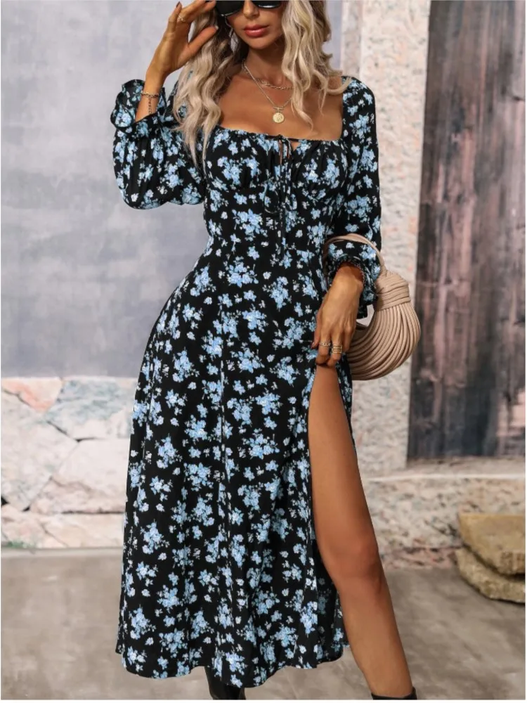 Women Elegant Floral Printed Long Dresses Casual Off-shoulder Puff Long Sleeves One-line Ladies Side Split Dress Female Clothing
Women Elegant Floral Printed Long Dresses Casual Off-shoulder Puff Long Sleeves One-line Ladies Side Split Dress Female Clothing