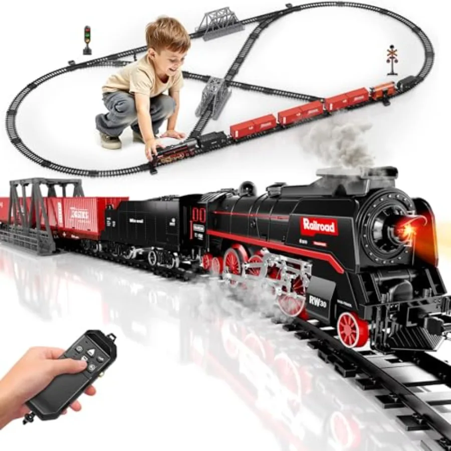 Model train set for indoor play: metal locomotive with 3-way smoke 5 cars luxury track kit authentic sounds lights rechargeable
Model train set for indoor play: metal locomotive with 3-way smoke 5 cars luxury track kit authentic sounds lights rechargeable