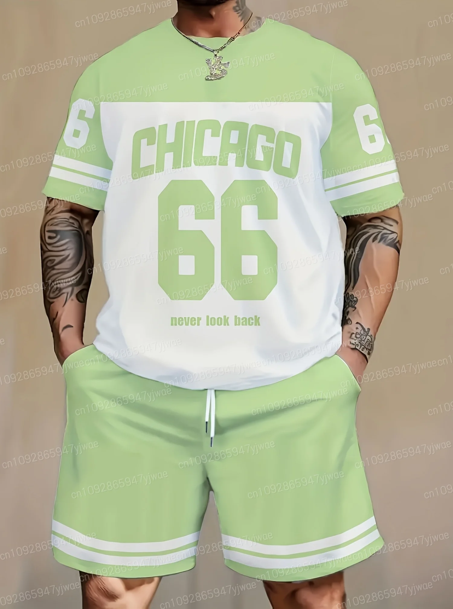Summer Polyester Lightweight Chiago 66 Print Men's Short Sleeve T-Shirt Shorts Set Adult Tracksuit Jogging 2 Piece Set
Summer Polyester Lightweight Chiago 66 Print Men's Short Sleeve T-Shirt Shorts Set Adult Tracksuit Jogging 2 Piece Set
