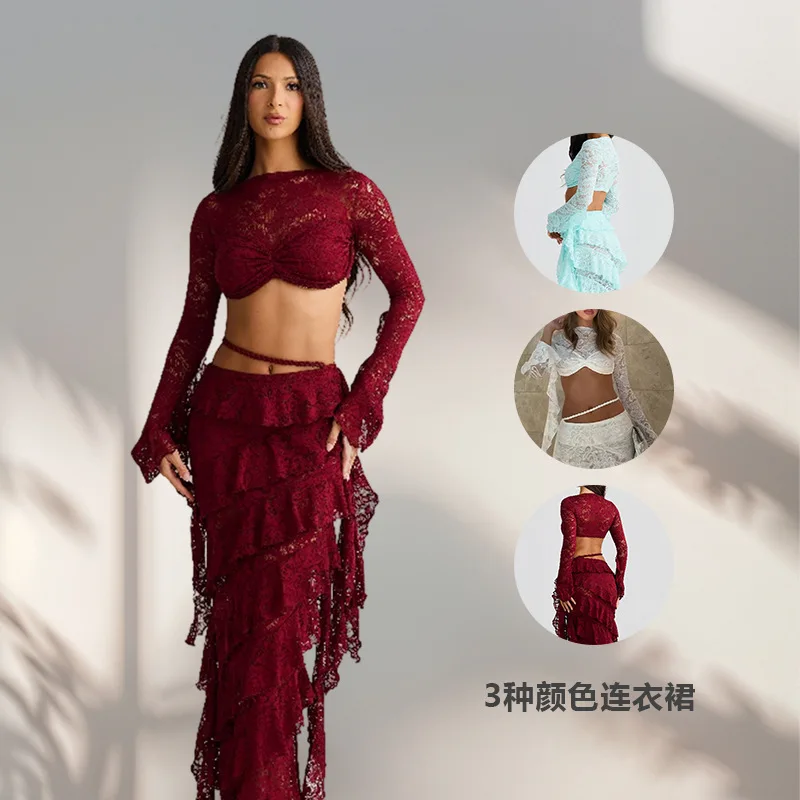 European And American Lace Slim Long Dress Set Fashion Sexy Irregular Hem Flared Skirt With Flowing Ribbon Detailing Elegant
European And American Lace Slim Long Dress Set Fashion Sexy Irregular Hem Flared Skirt With Flowing Ribbon Detailing Elegant
