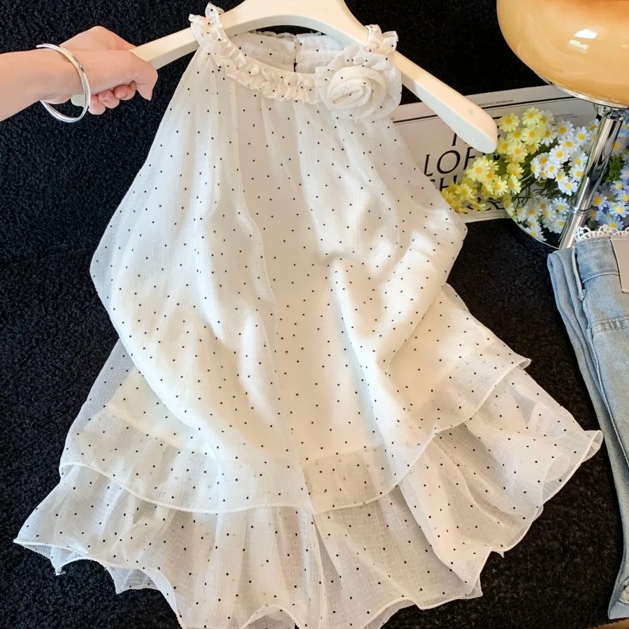 Summer Loose Women's Chiffon Shirt Doll Neck Hanging Sleeveless Top Sexy Style Bamboo Fiber round Dot Pattern Thin Fabric
Summer Loose Women's Chiffon Shirt Doll Neck Hanging Sleeveless Top Sexy Style Bamboo Fiber round Dot Pattern Thin Fabric