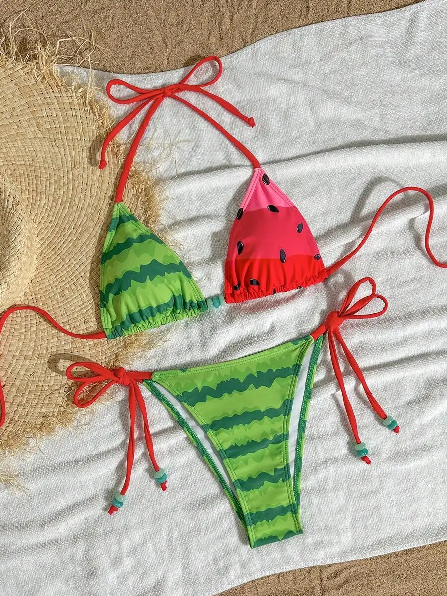 Women Watermelon Print Halter Neck Triangle Bikini Set For Beach Summer Wear
Women Watermelon Print Halter Neck Triangle Bikini Set For Beach Summer Wear