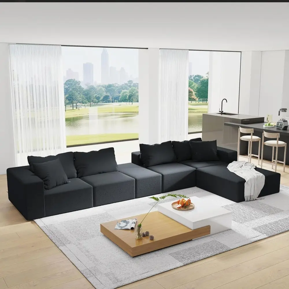 Modern L-Shaped Sectional Sofa Set with 6 Pillows for Living Room, Black
Modern L-Shaped Sectional Sofa Set with 6 Pillows for Living Room, Black