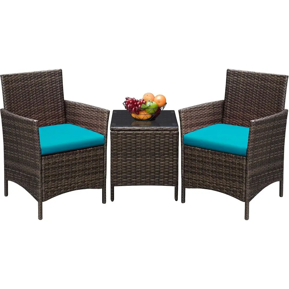 3-Piece Outdoor PE Rattan Furniture Set with Cushions and Glass Coffee Table for Patio, Garden, or Poolside in Brown and Blue
3-Piece Outdoor PE Rattan Furniture Set with Cushions and Glass Coffee Table for Patio, Garden, or Poolside in Brown and Blue