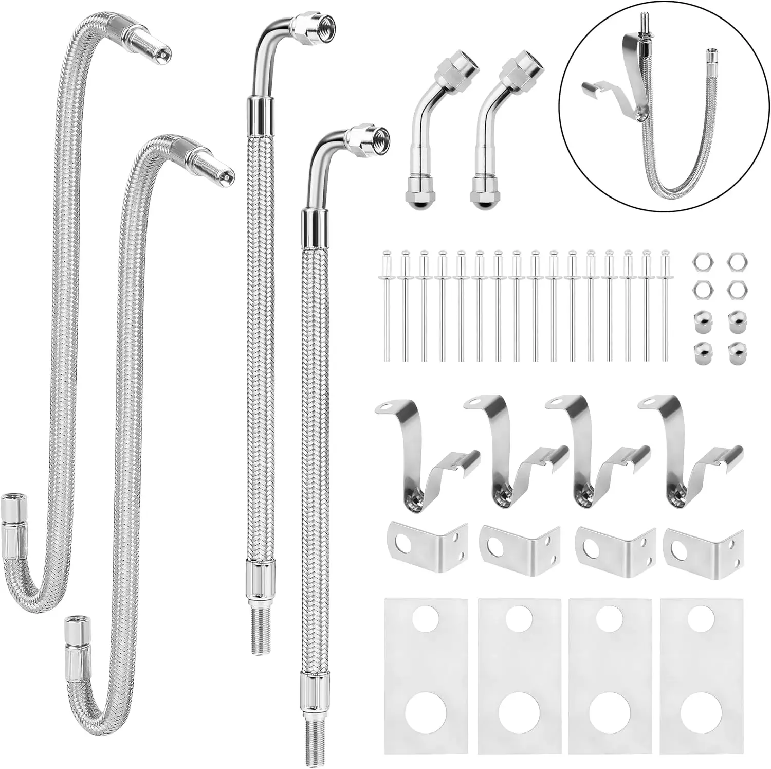 Dually Valve Stem Extenders Kit, Stainless Steel Braided, Fits 16' to 19.5' Dual Wheels
Dually Valve Stem Extenders Kit, Stainless Steel Braided, Fits 16' to 19.5' Dual Wheels