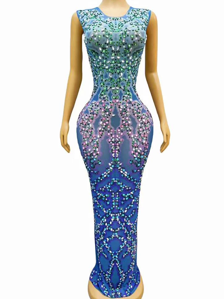 Shining Crystal See Through Blue Mesh Sleeveless Dress for Women Evening Prom Party Wear Photo Shoot Outfit Sing Stage Costume
Shining Crystal See Through Blue Mesh Sleeveless Dress for Women Evening Prom Party Wear Photo Shoot Outfit Sing Stage Costume